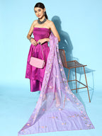 InWeave Purple Off Shoulder Silk Kurta Set -Mauve Hand Painted Dupatta