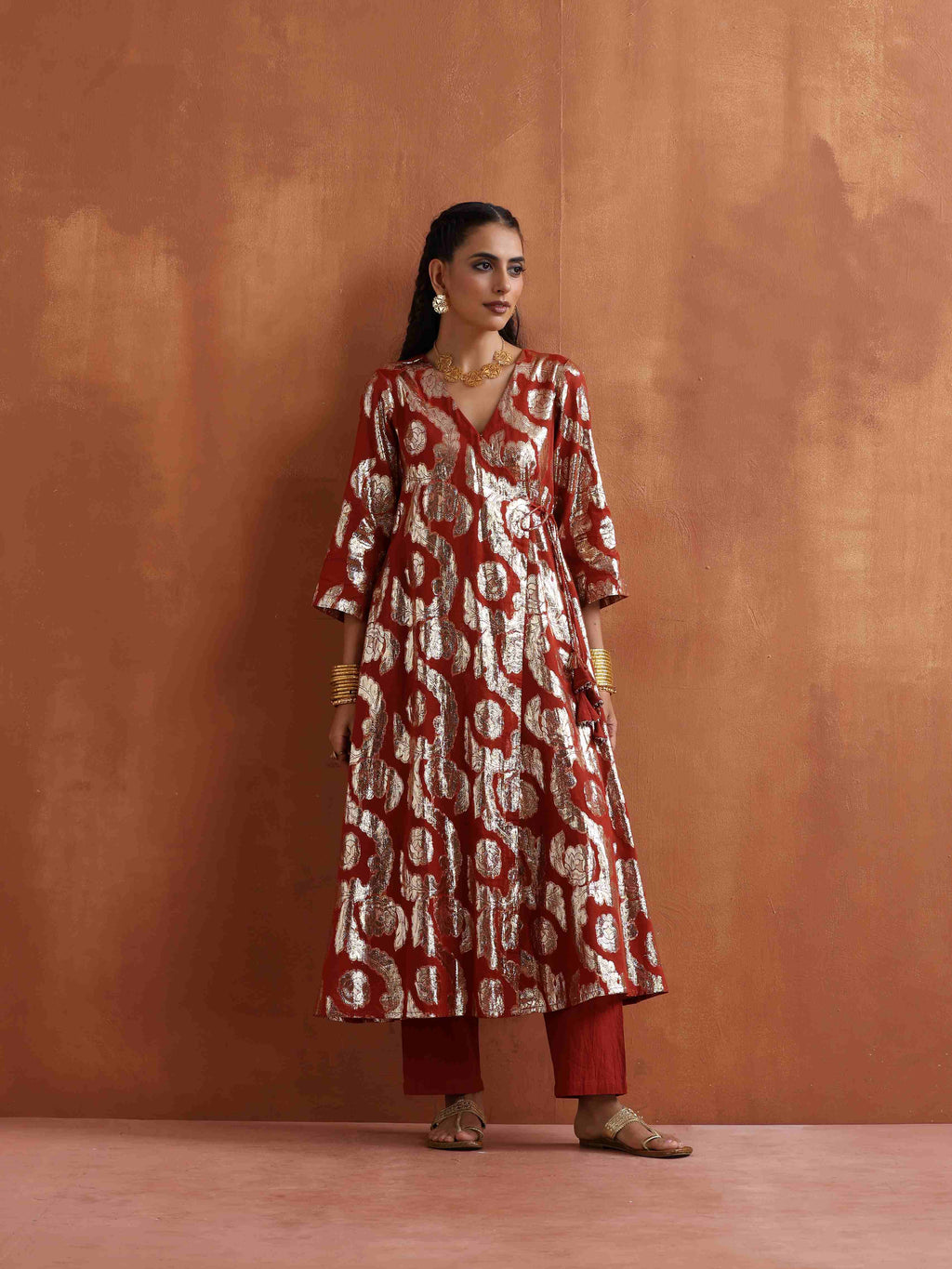 trueBrowns Rust Metallic Angrakha Kurta Set - Distacart
