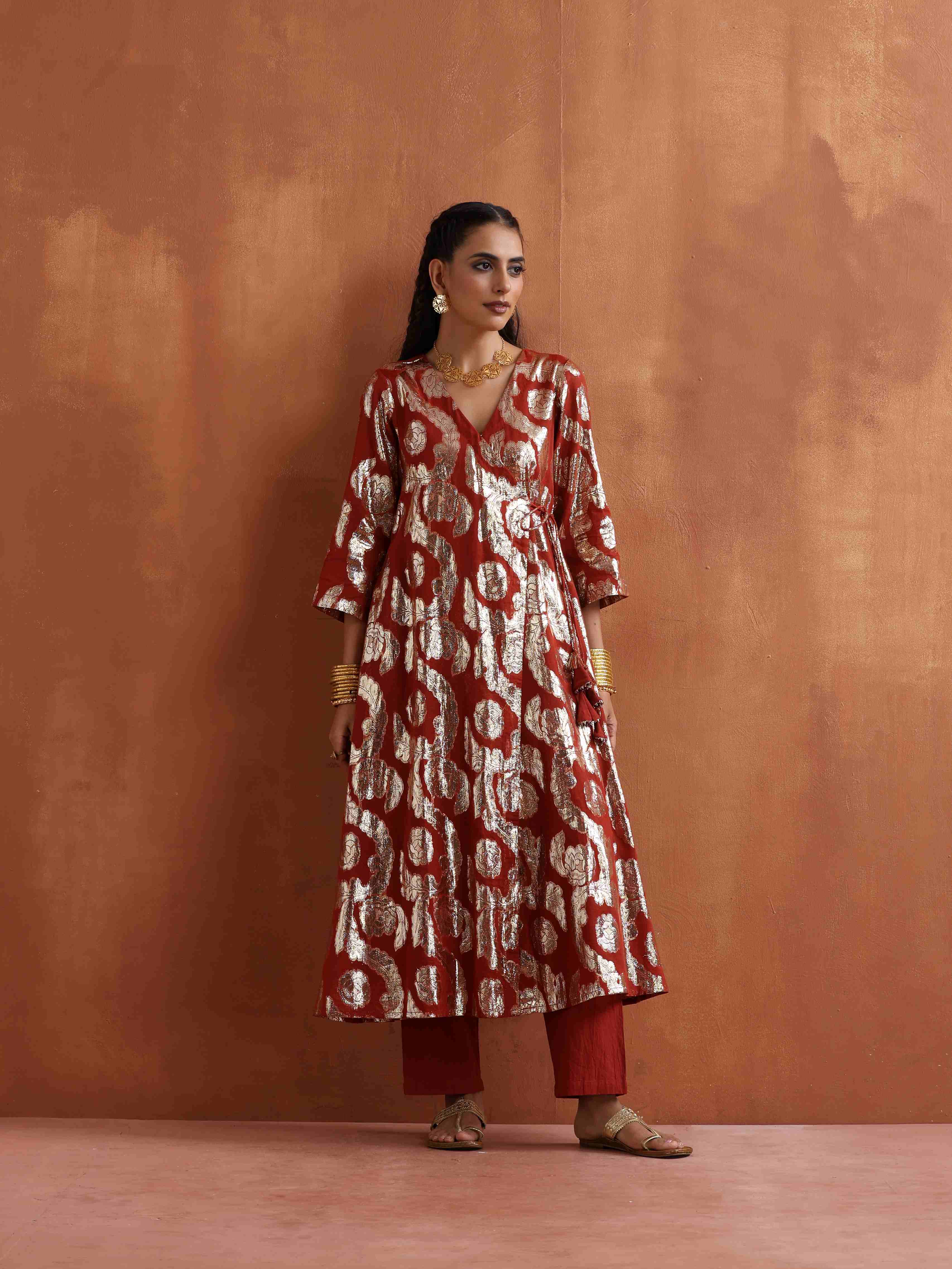 trueBrowns Rust Metallic Angrakha Kurta Set - Distacart