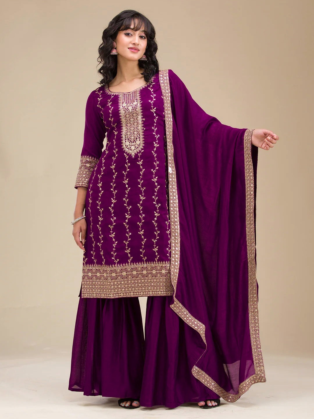 The52 Beautiful Embroidered Vichitra Silk Fabric Straight Kurta, Palazzo and Dupatta Set - Distacart