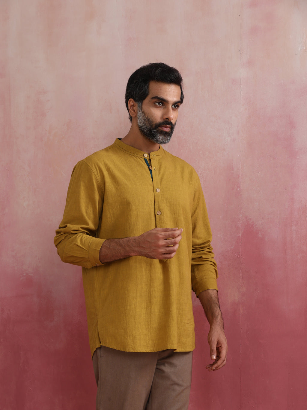 trueBrowns Men's Mustard Cotton Mandarin Collar Stylized Kurta