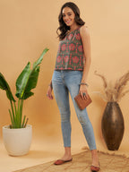InWeave Green Red Mughal Kalamkari Top - Distacart