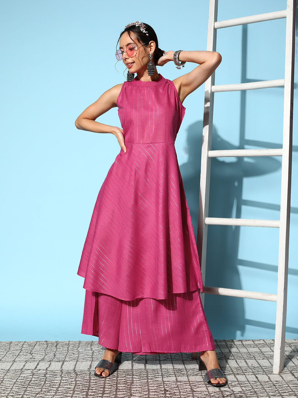 InWeave Women's Pink Lurex Boho Sleevless Kurta Set