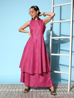 InWeave Women's Pink Lurex Boho Sleevless Kurta Set
