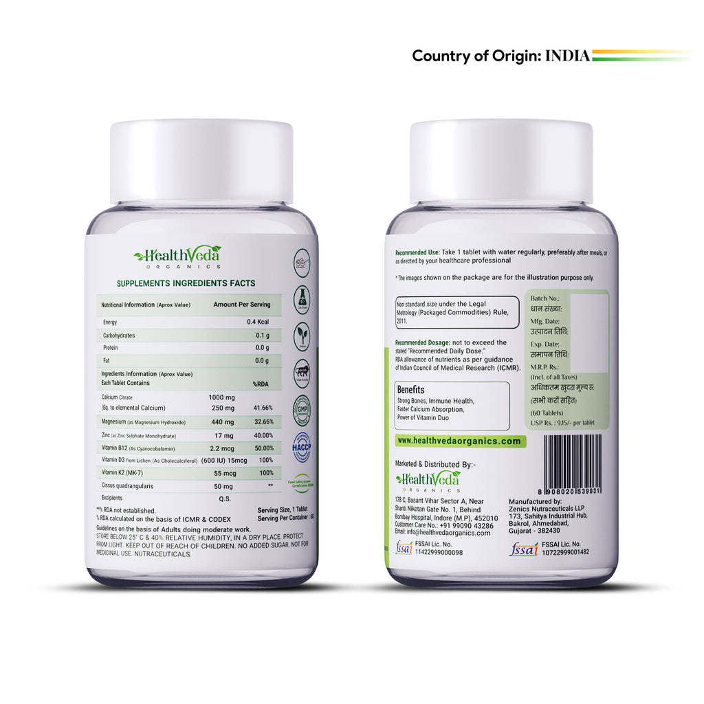 Health Veda Organics Calcium Magnesium & Zinc Vitamin D3 & B12 Tablets - Distacart