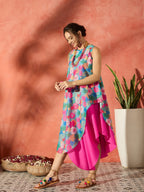 InWeave Blue Floral Fuchsia Asymmetrical Dress - Distacart