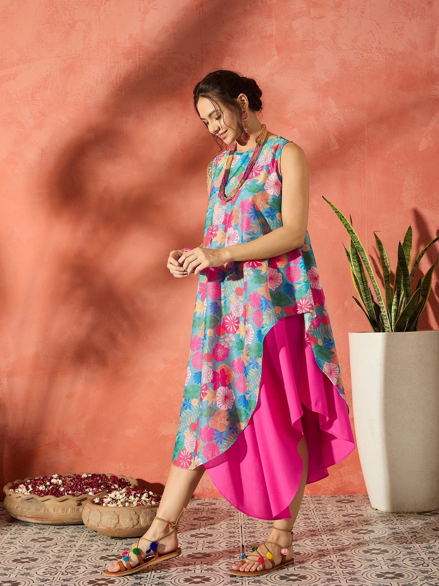 InWeave Blue Floral Fuchsia Asymmetrical Dress - Distacart