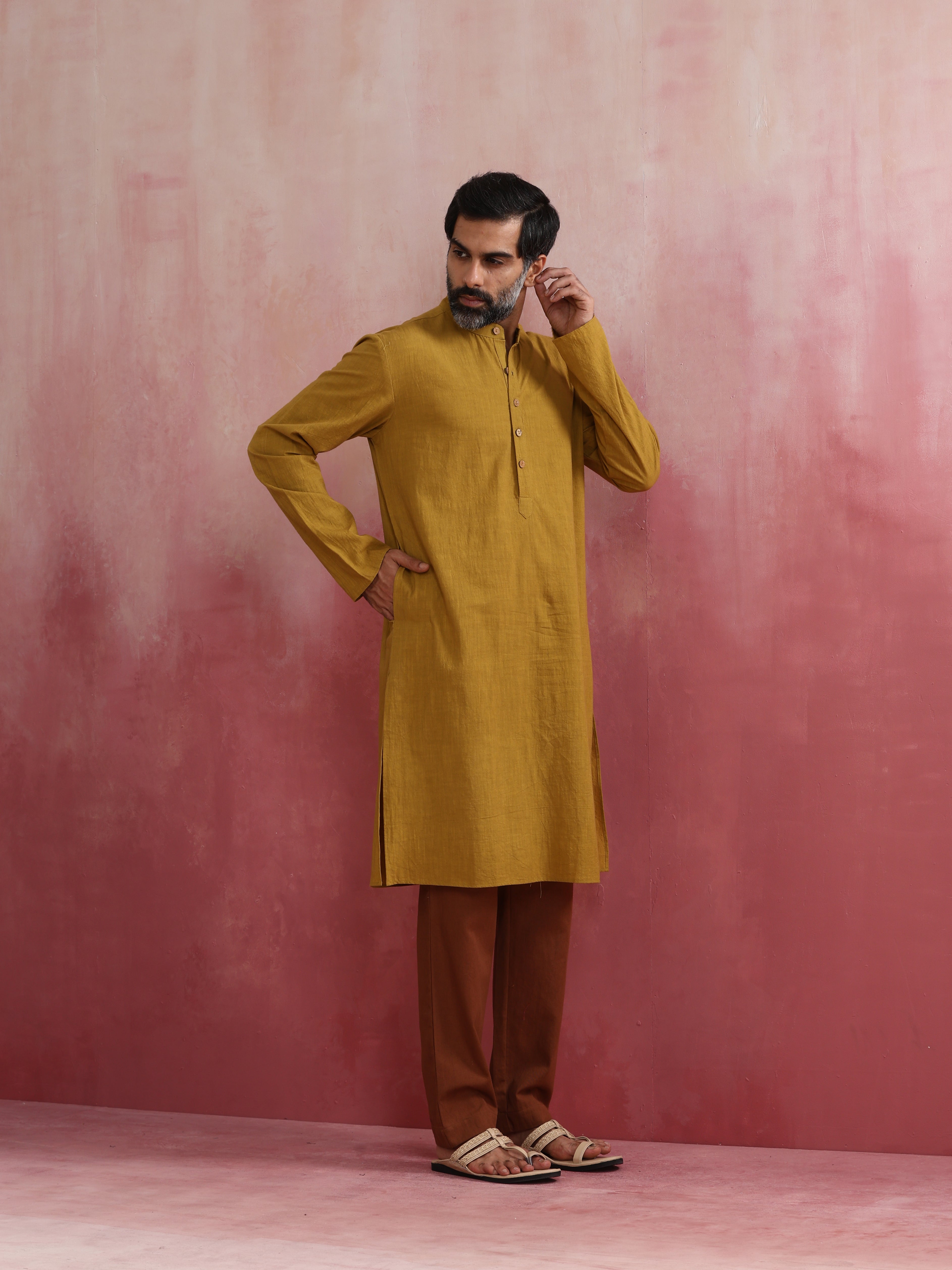 trueBrowns Men's Mustard Mandarin Collar Kurta