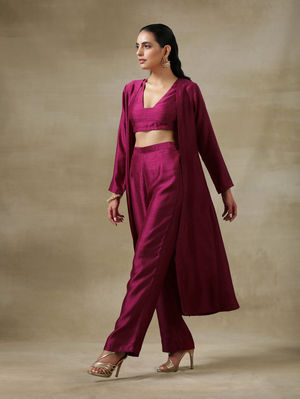 trueBrowns Purple Textured Silk Overlay Jacket Blouse Pant Set | Relove - Distacart