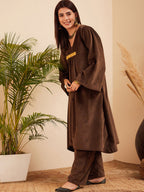 InWeave Women's Brown V Neck Asymmetrical Pleated Velvet Kurta Set