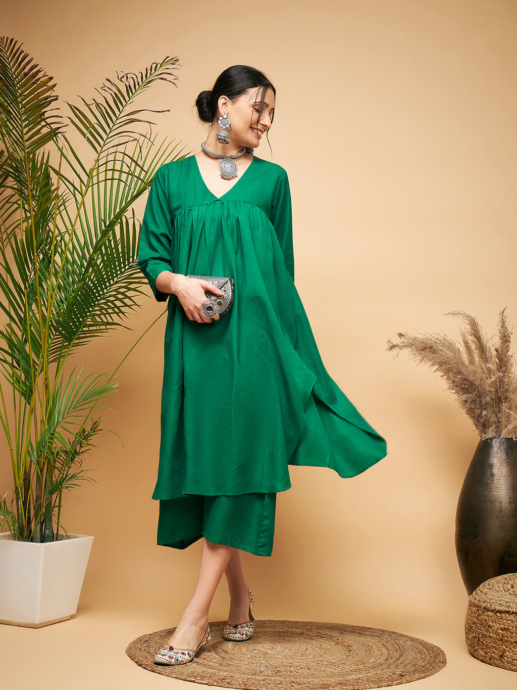 InWeave Women's Forest Green Flared Kurta Palazzo Set