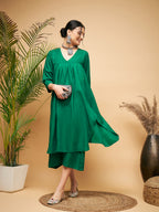 InWeave Women's Forest Green Flared Kurta Palazzo Set