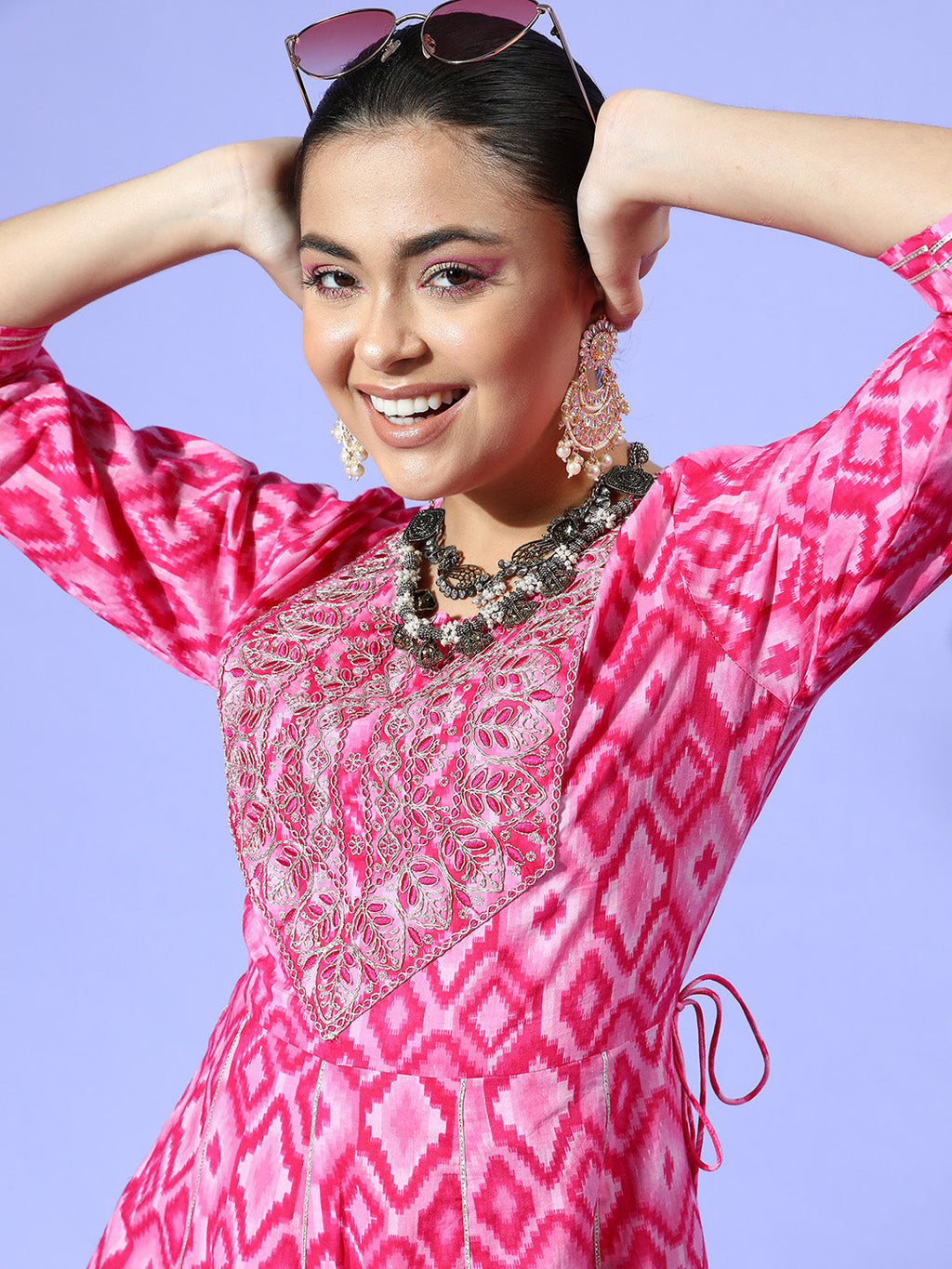 InWeave Women's Abstract Pink Print Long Dress With Work - Distacart