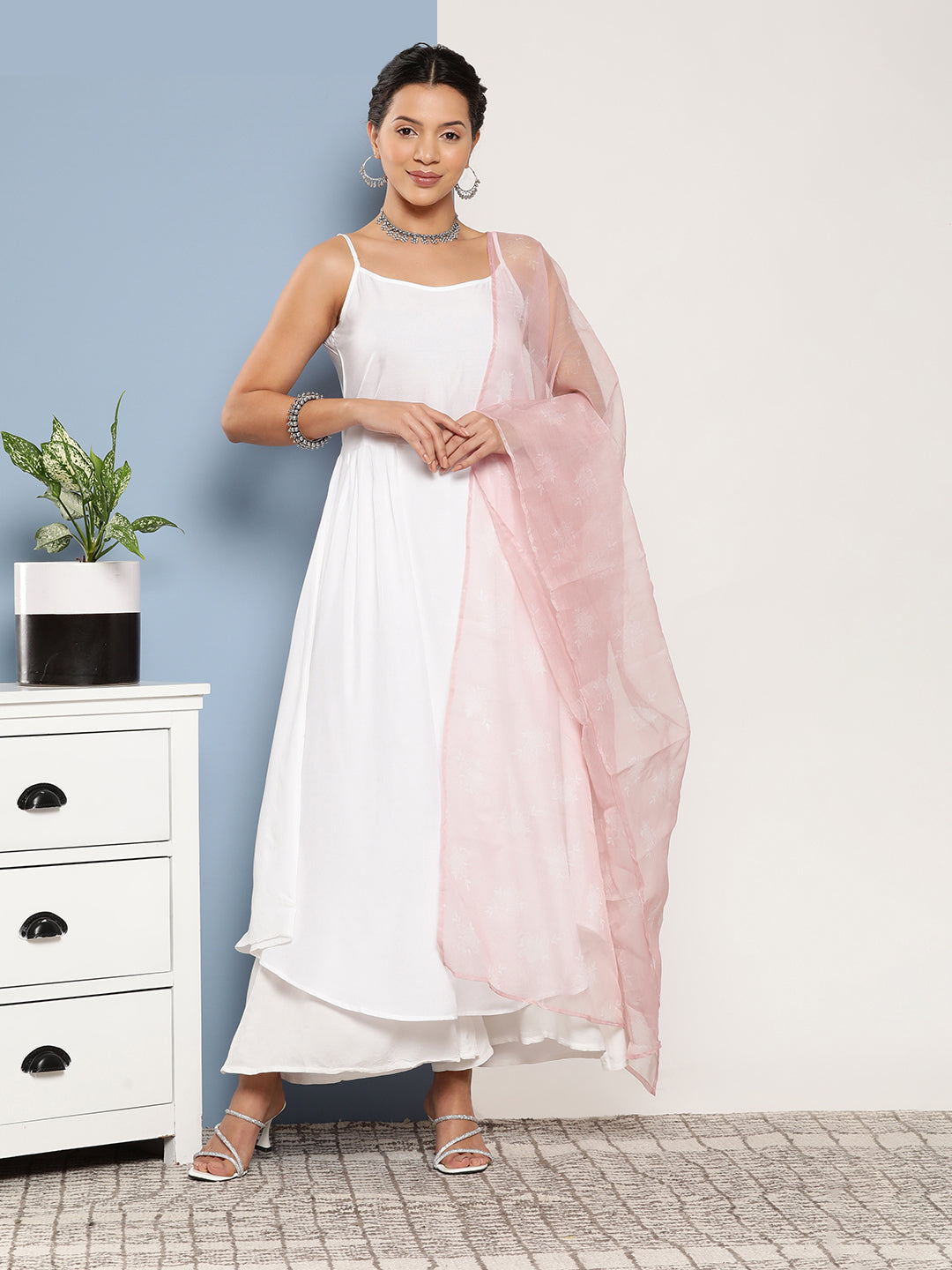InWeave Women's Cream Strappy With Pink White Chintz Organza Dupatta