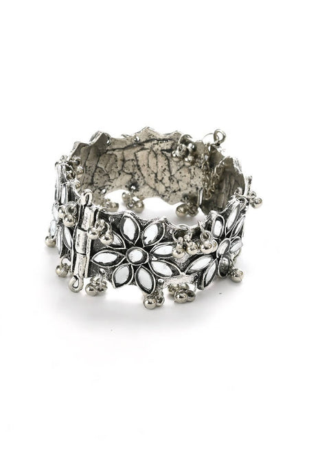 Mominos Fashion Kamal Johar Oxidised Silver-Plated Mirror work Design Bracelet