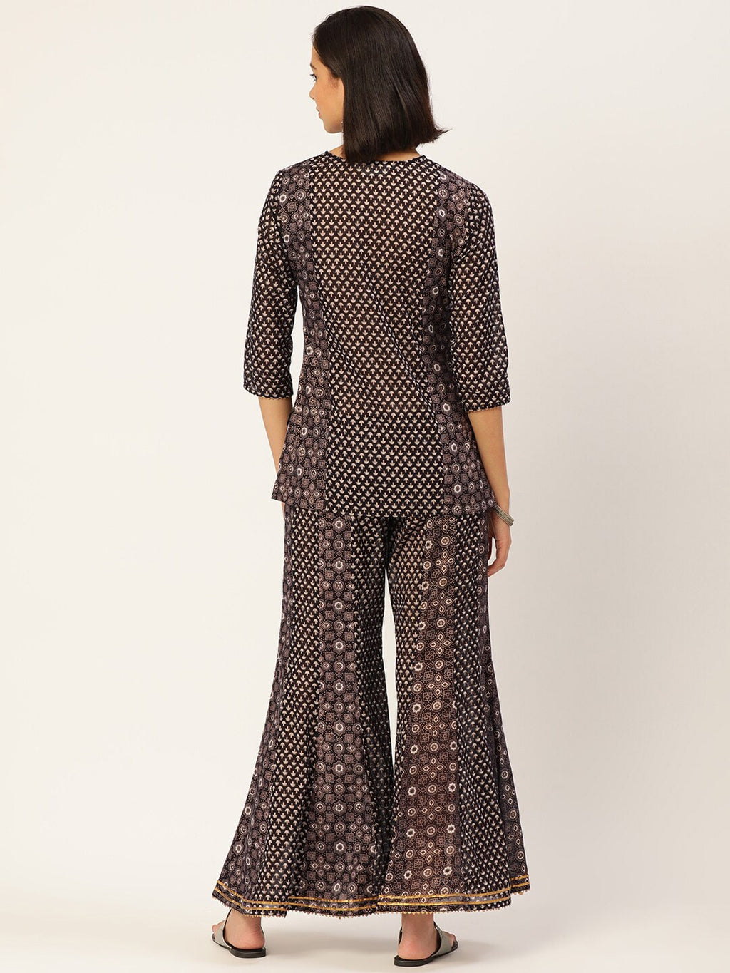 HERE&NOW Women Brown Printed Pure Cotton Top with Palazzos & With Dupatta