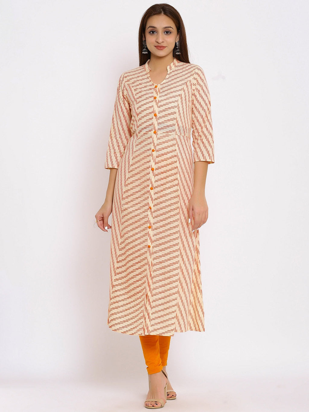 HERE&NOW Orange Mandarin Collar Striped A-Line Kurta