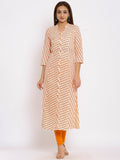 HERE&NOW Orange Mandarin Collar Striped A-Line Kurta
