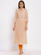 HERE&NOW Orange Mandarin Collar Striped A-Line Kurta