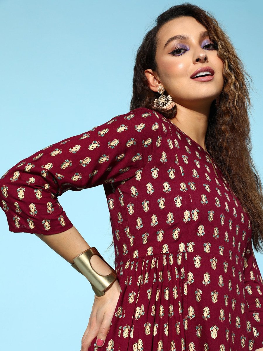 All About You Carmine Maroon Printed A-Line Veere Di Wedding Kurta with Palazzos