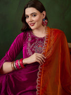 Sangria Embroidered Velvet Kurta & Trousers with Dupatta