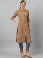 Aks Floral Printed Mandarin Collar Regular Pure Cotton Kurta With Trousers