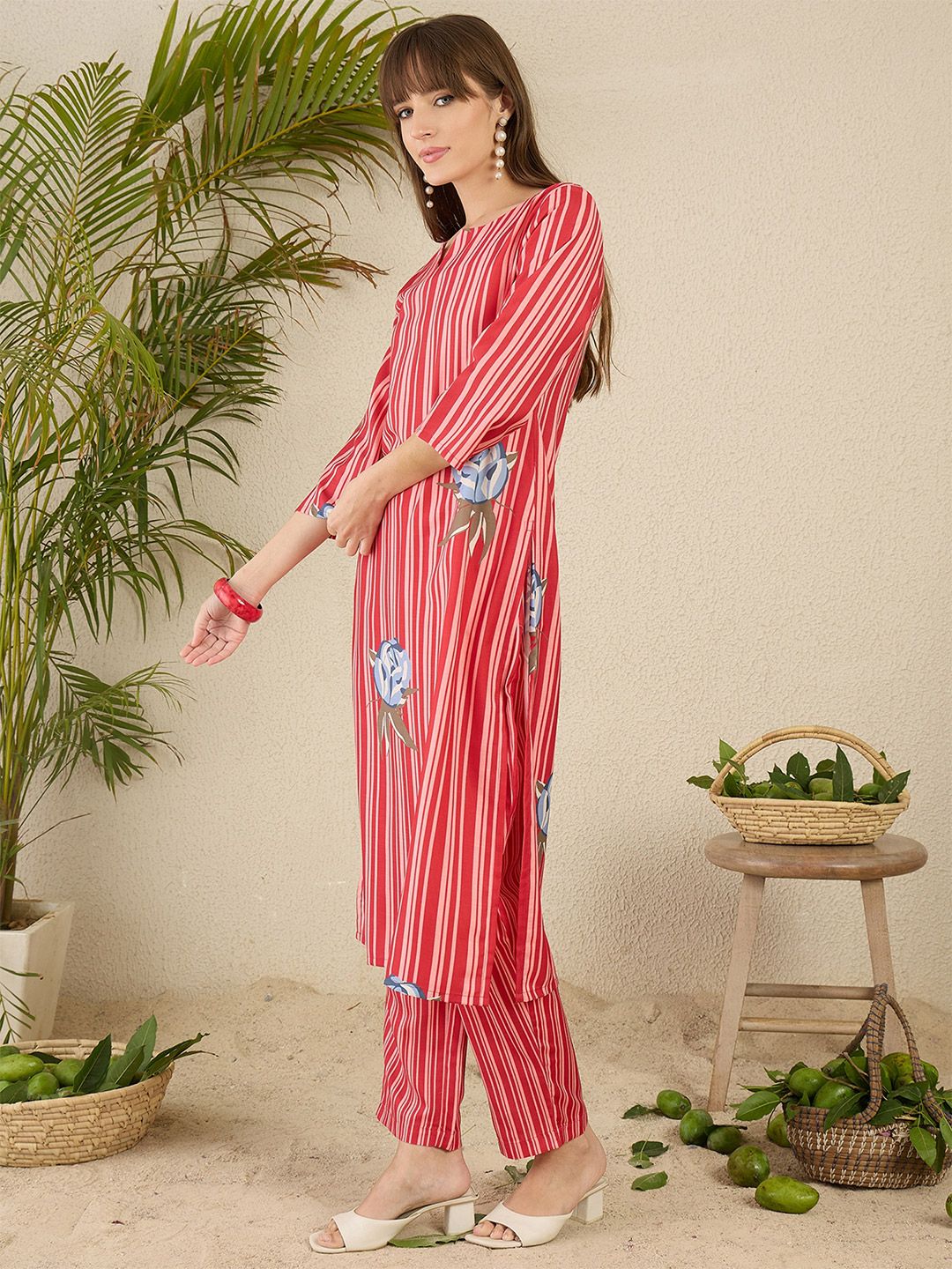 Indo Era Women Solid V-Neck Regular Kurta with Trousers - Distacart