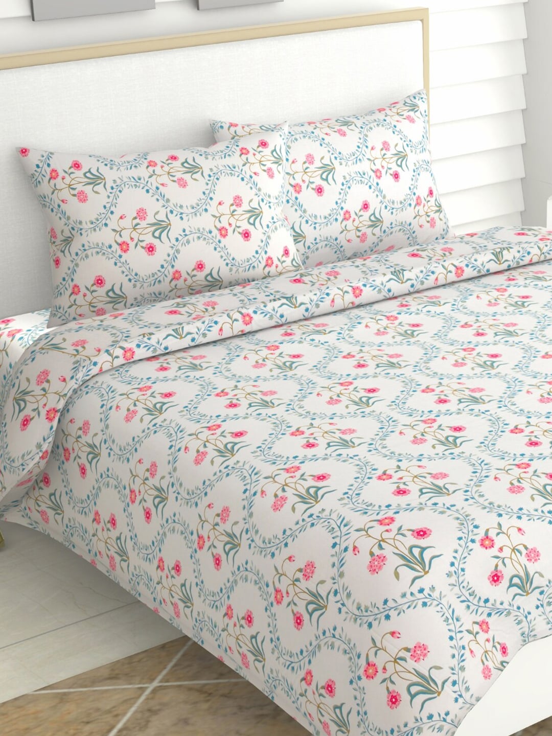 haus & kinder Blossoms Pink & White 186 TC Cotton Queen Bedsheet With 2 Pillow Covers - Distacart