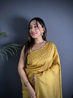Joban Fashion Golden Yellow Banarasi Soft Lichi Silk Checks & Woven Saree - Distacart