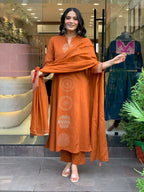 The52 Orange Women's Gorgeous Chanderi Fabric Embroidered Work Straight Kurta Pant and Dupatta Set - Distacart