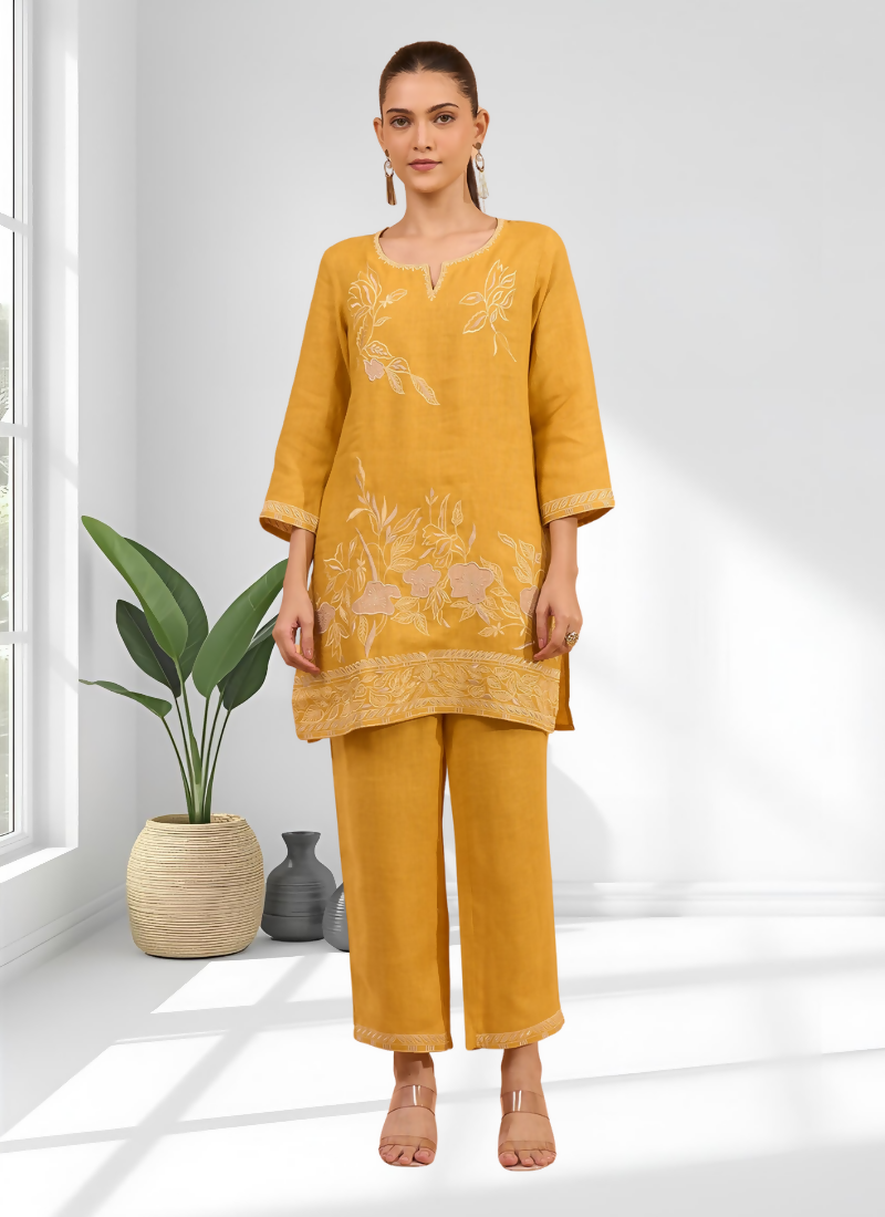 Joban Fashion Mustard Linen Embroidered Readymade Cord Set - Distacart