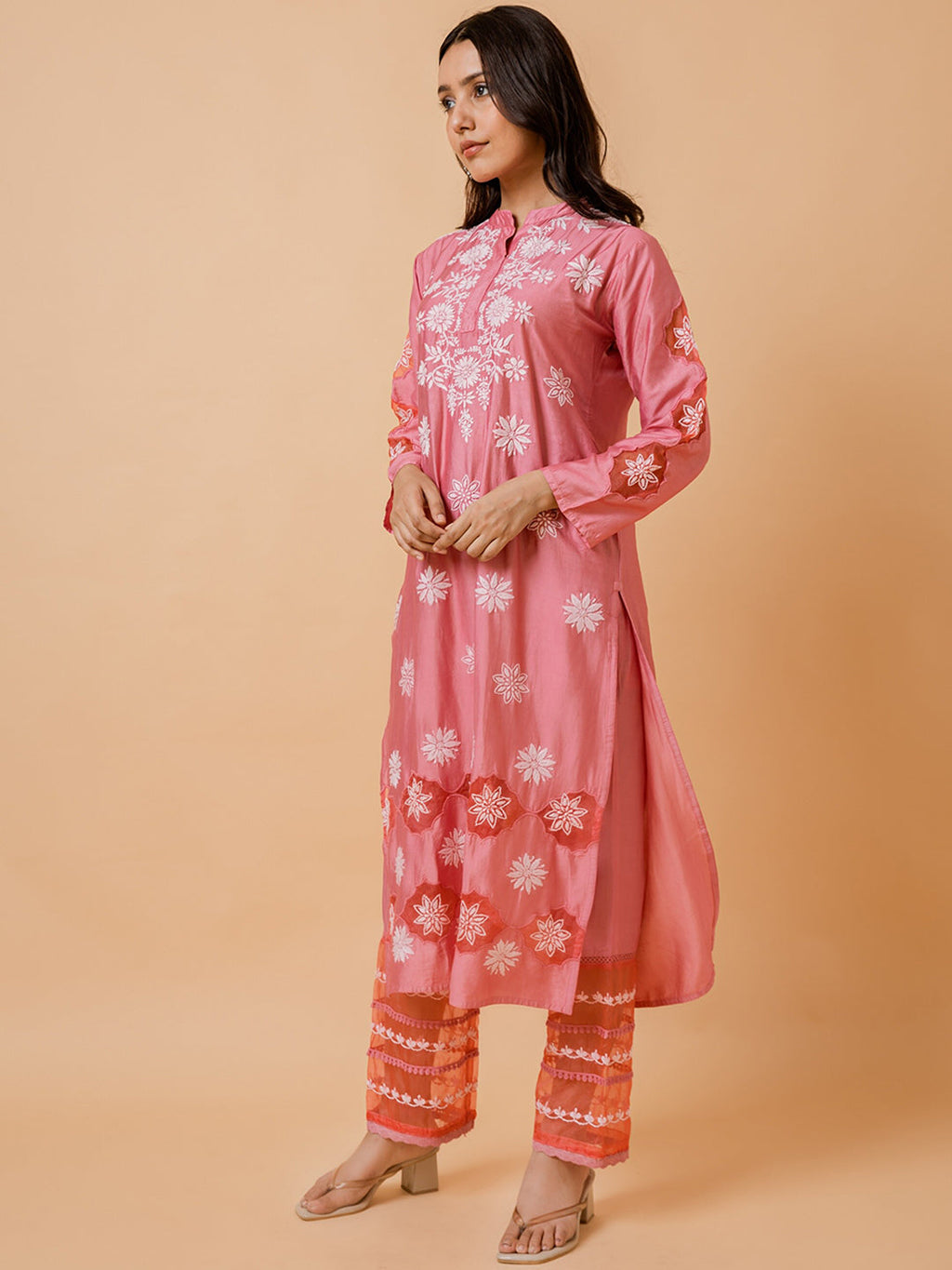 HOUSE OF KARI Ethnic Motifs Embroidered Chikankari Straight Chanderi Silk Kurta