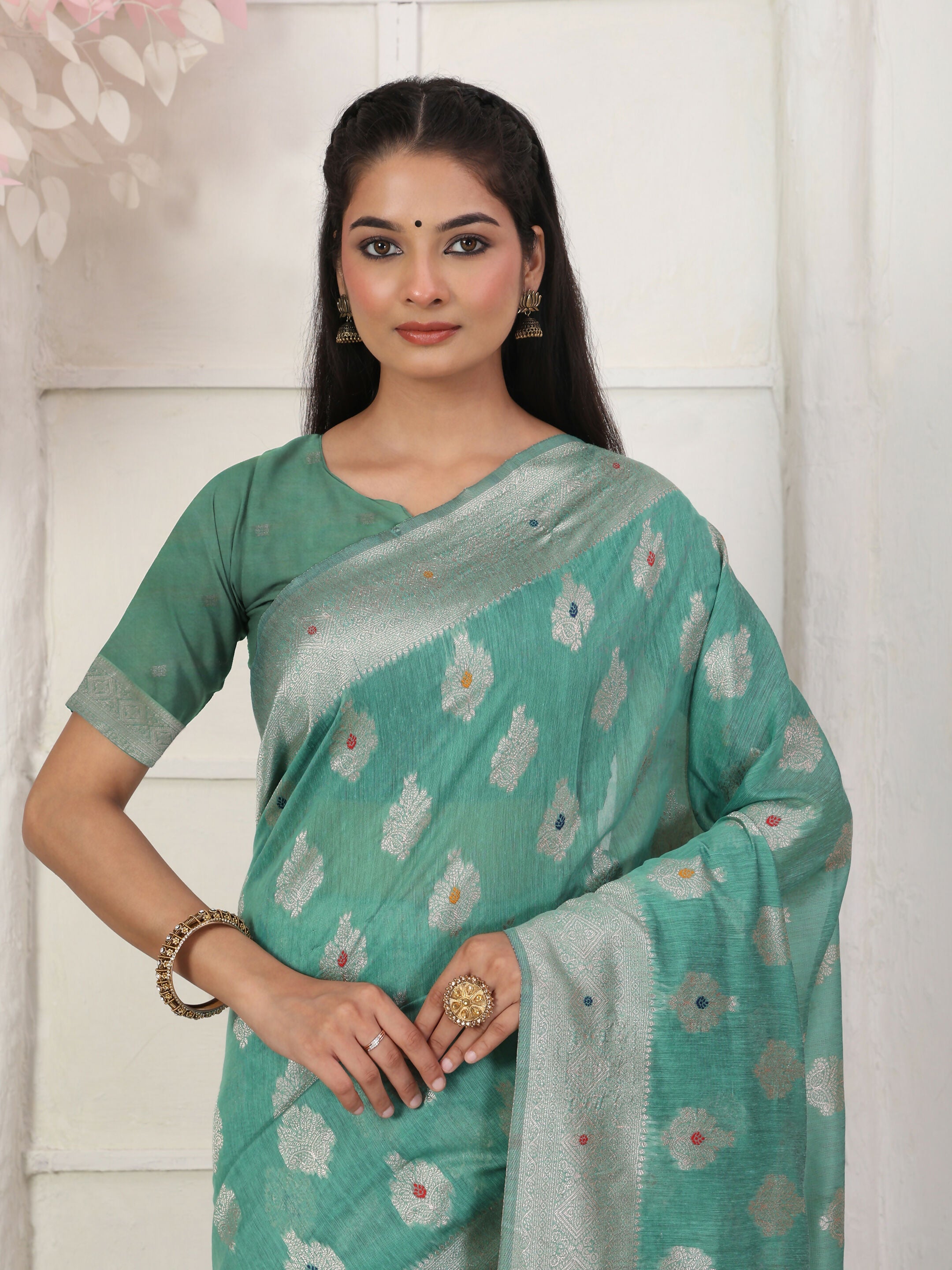 Shree Shyam Fashion Linen Cotton Rama Green Saree - Distacart