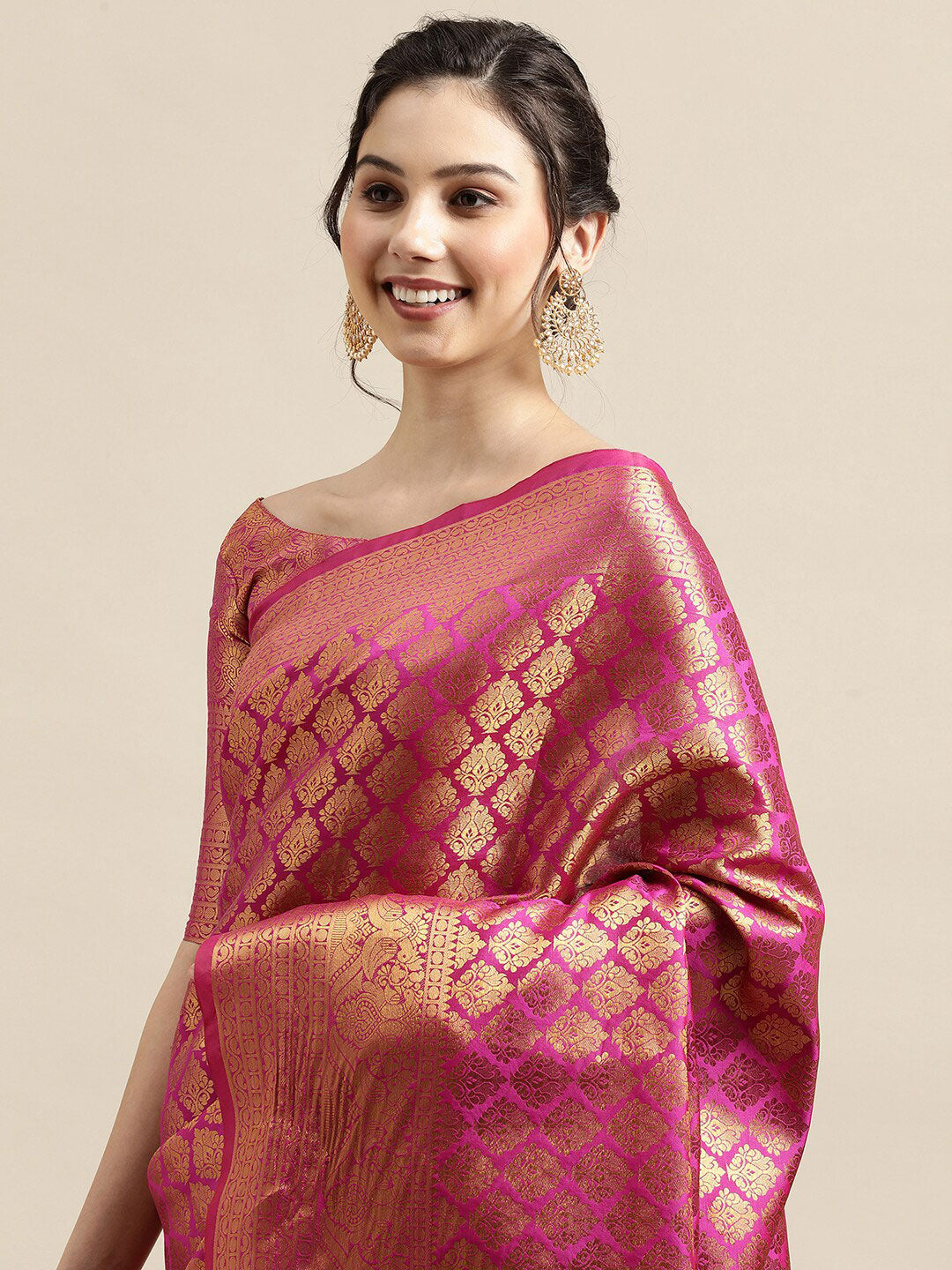 Saree Mall Pink & Gold-Toned Woven Design Zari Silk Blend Banarasi Saree - Distacart