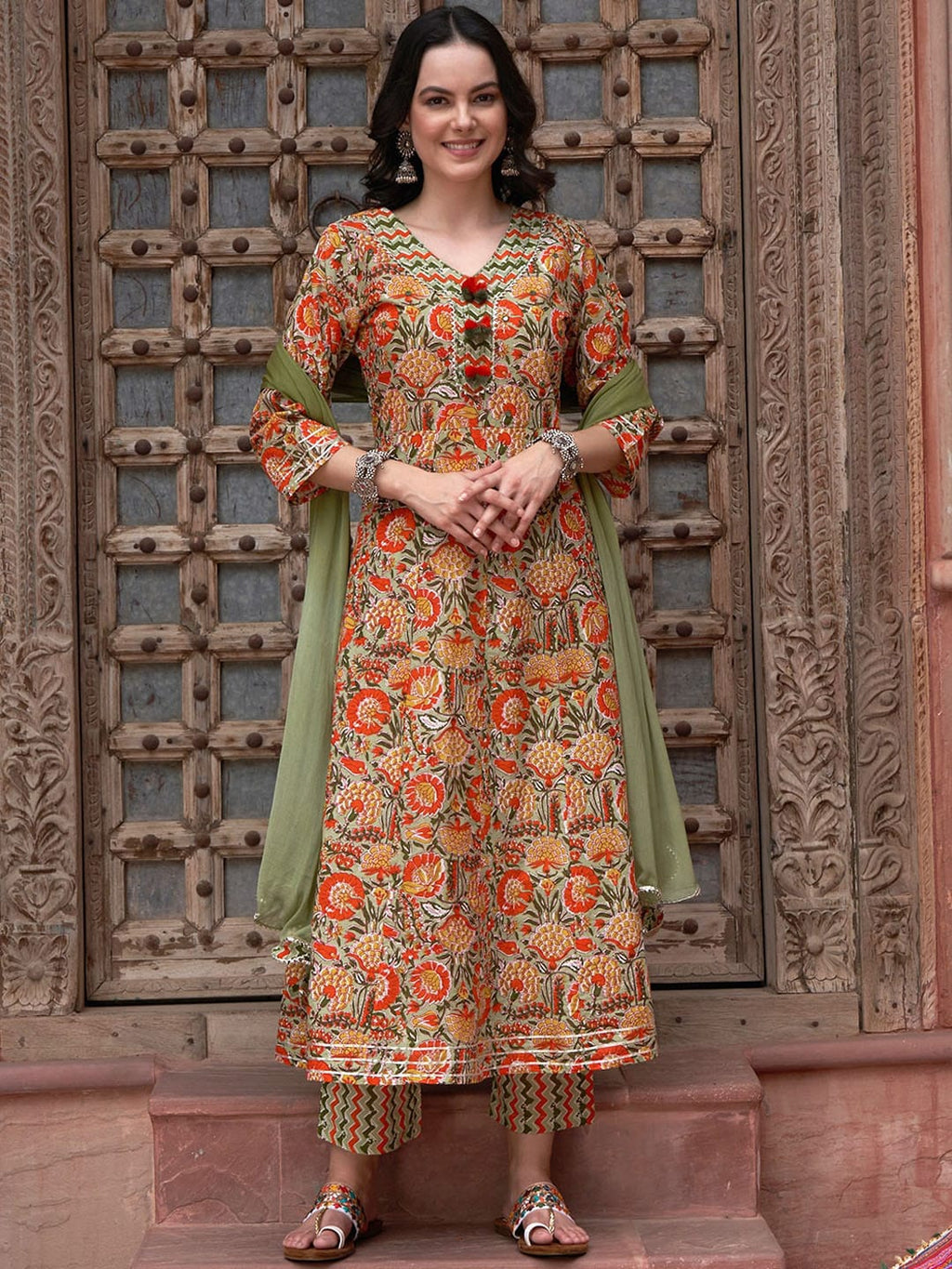 Sangria Orange Printed Gotta Patti Detail Pure Cotton A-Line Kurta With Trousers & Dupatta