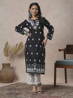ADA Women Sustainable Black & White Paisley Chikankari Hand Embroidered Straight Kurta
