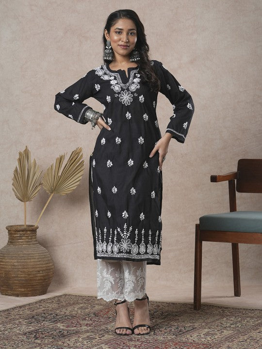 ADA Women Sustainable Black & White Paisley Chikankari Hand Embroidered Straight Kurta