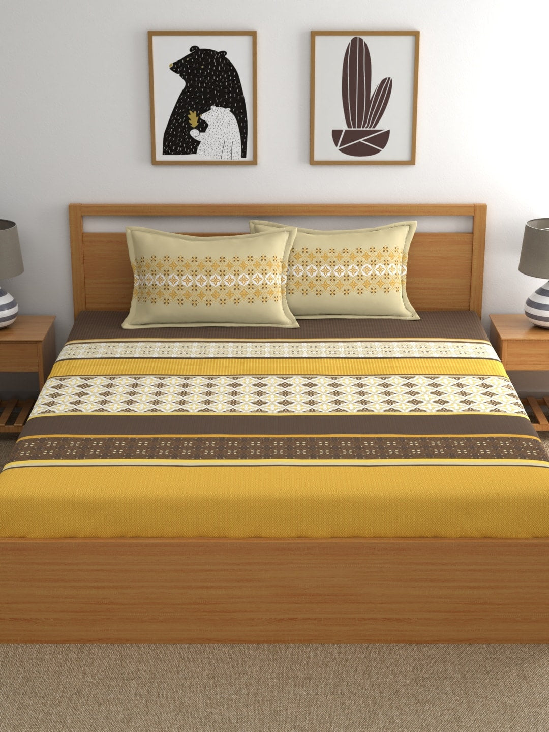 Home Ecstasy Mustard & White Ethnic Motifs 140 TC King Bedsheet with 2 Pillow Covers - Distacart