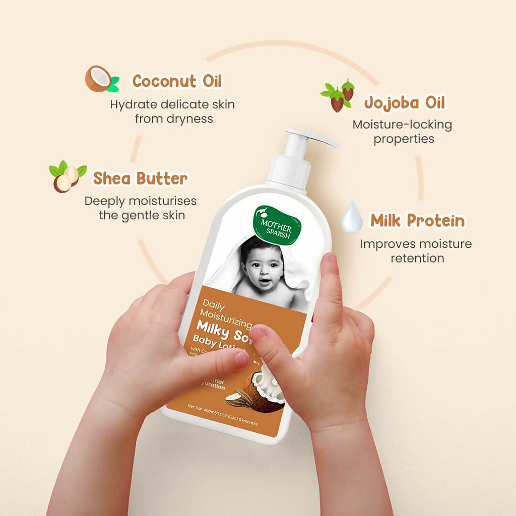 Mother Sparsh Milky Soft Baby Lotion With Milk Protein, Coconut Oil & Shea Butter For 24Hrs Moisturization