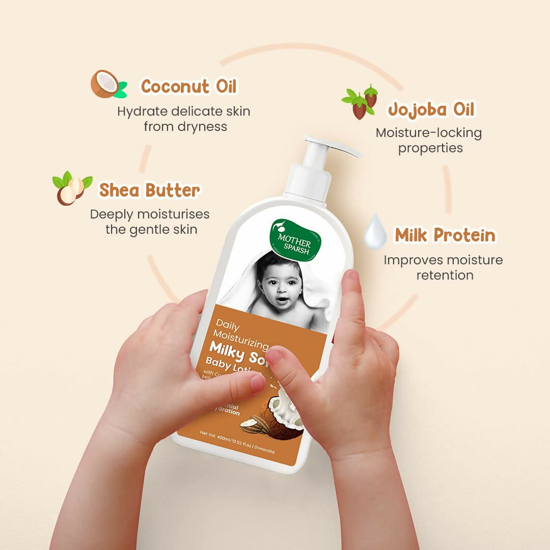 Mother Sparsh Milky Soft Baby Lotion With Milk Protein, Coconut Oil & Shea Butter For 24Hrs Moisturization