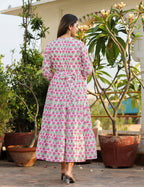 Kaajh Women's Pink Floral Print Cotton Handblock Dress - Distacart