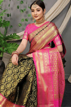 Jyoti Fashion Women's Black Kanjivaram Silk Zari Woven Saree with Blouse