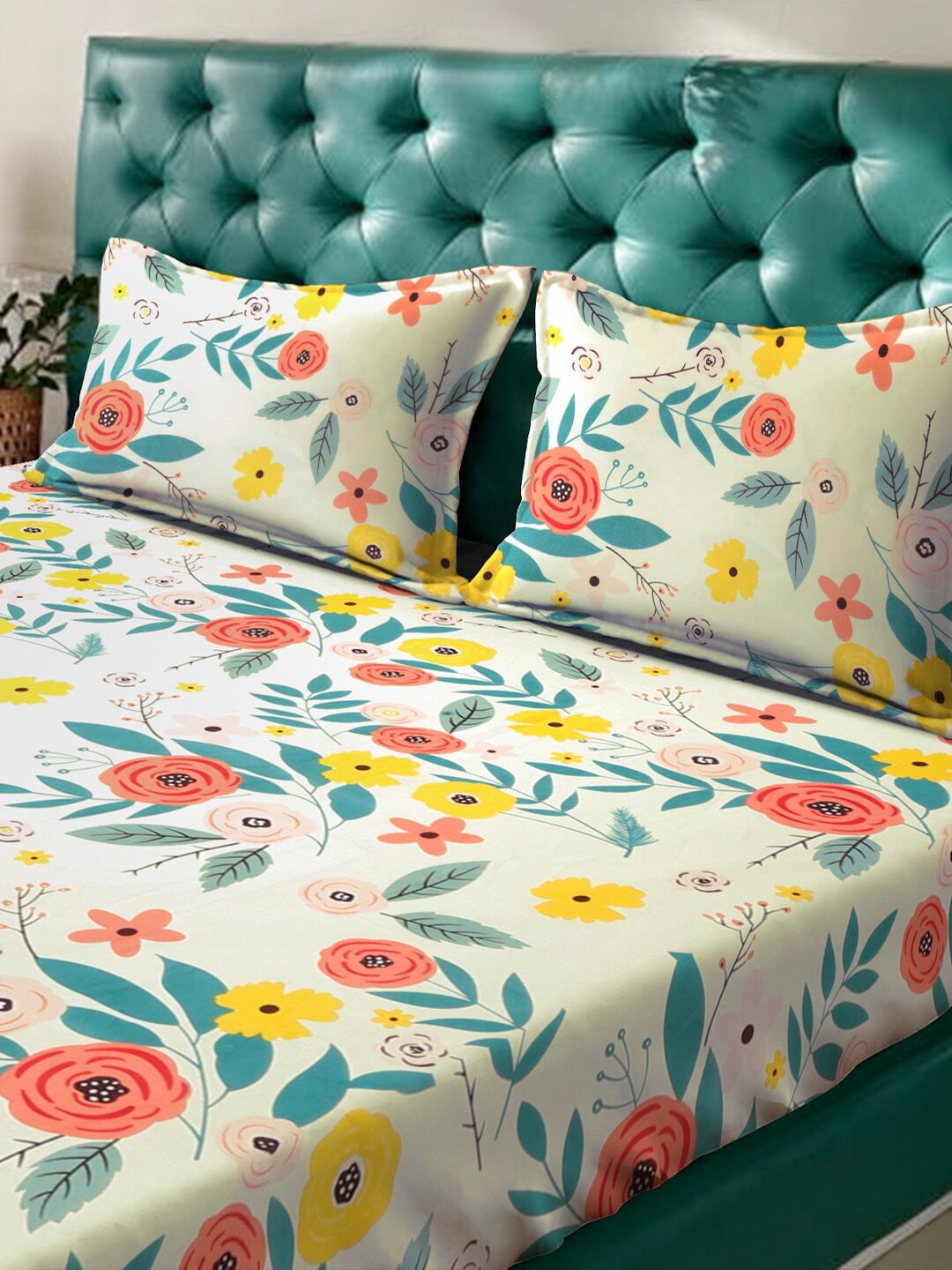 KLOTTHE White & Blue Floral Printed 300 TC King Bedsheet With 2 Pillow covers - Distacart
