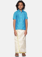 Sethukrishna Boys Turquoise Blue & White Shirt with Dhoti