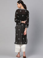 ADA Women Black & White Chikankari Hand Embroidered Semi-Sheer Straight Sustainable Handloom Kurta