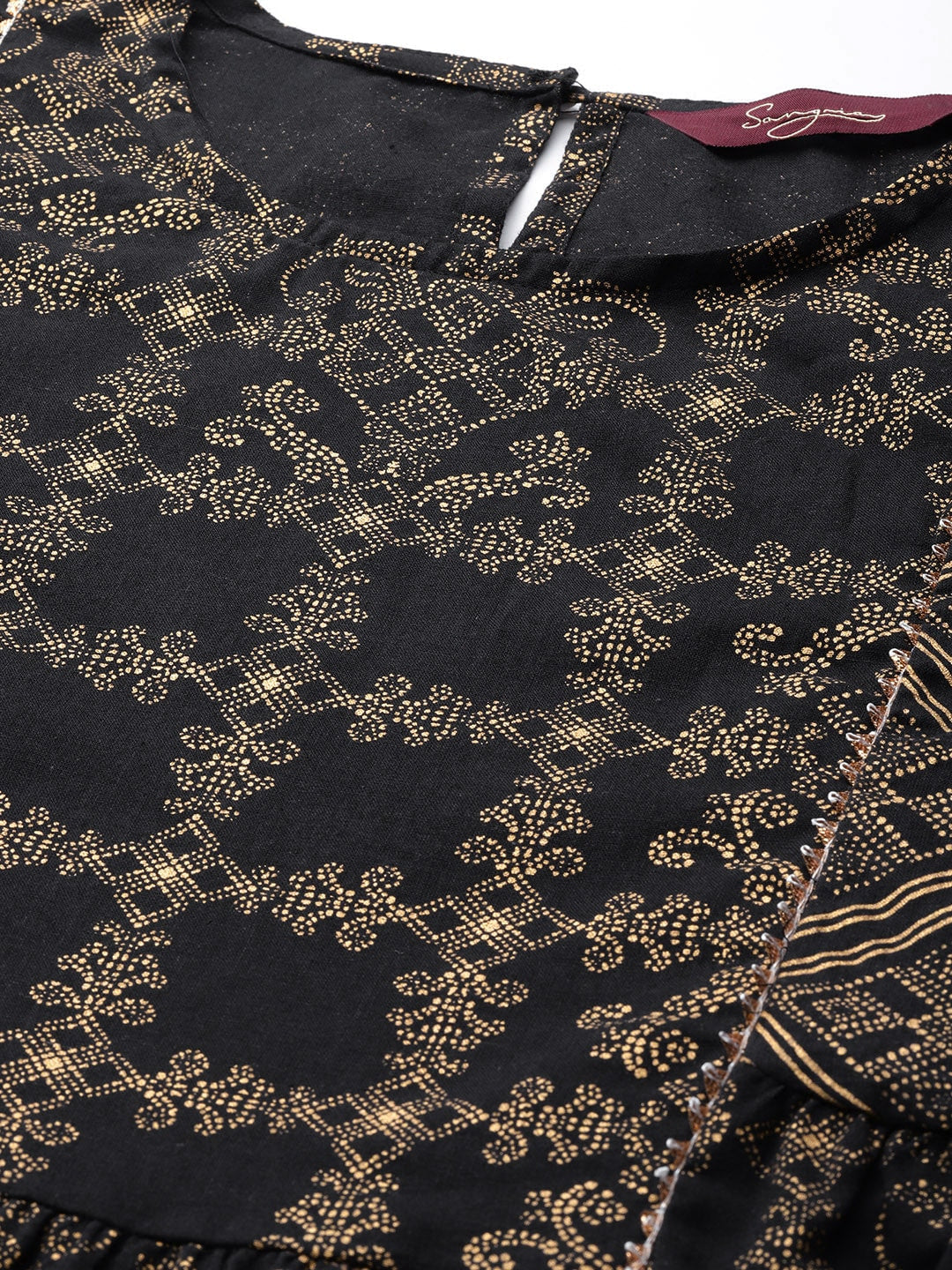 Sangria Women Black & Golden Ethnic Motifs Printed Pure Cotton Kurta with Palazzos