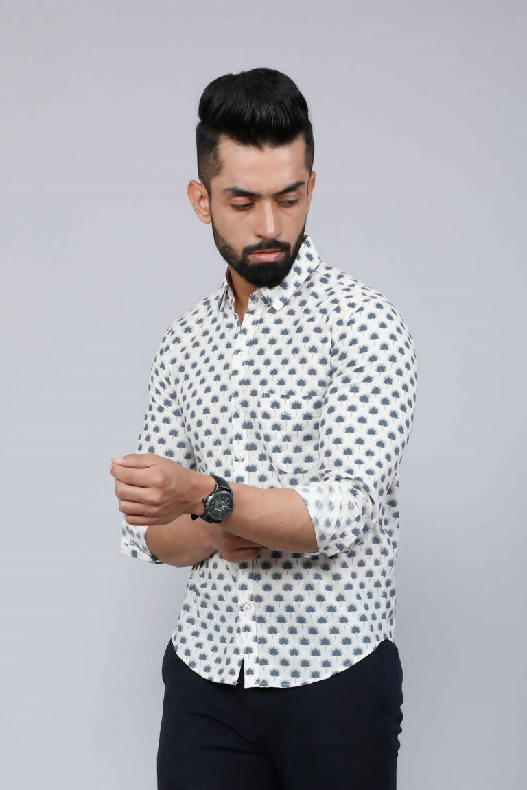 Miravan Men's Grey Floral Print Comfort Cotton Casual Shirt