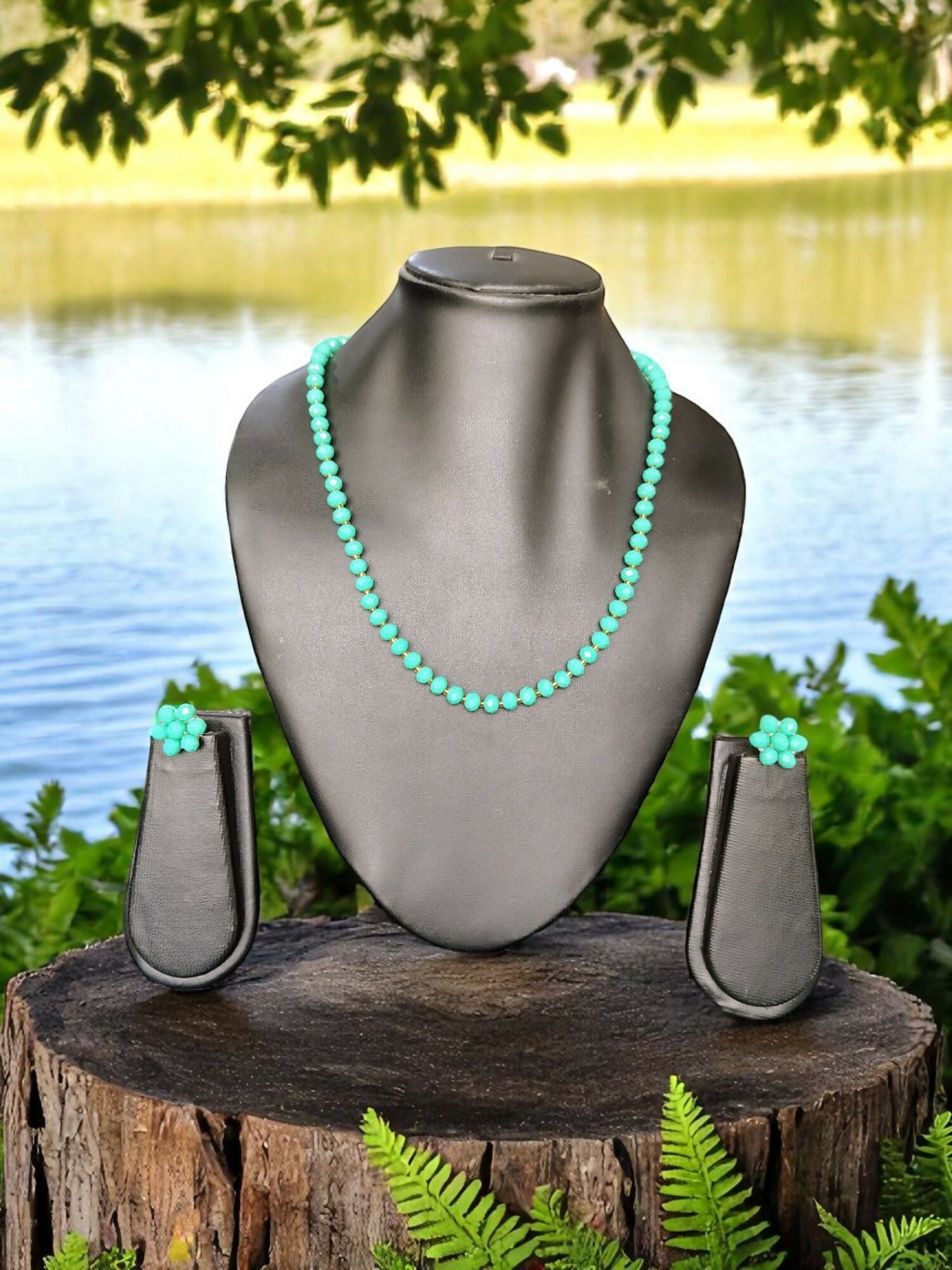 Inhanns Crystal Bloom – Single Line Necklace + Studs - Sea Green