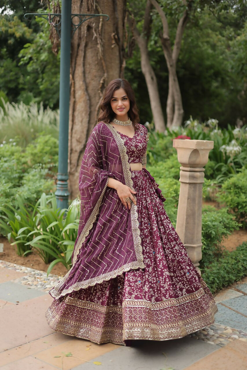 Lorenvalley Wine Pure Viscose Jacquard with Golden Embroidered Sequins work Lehenga Choli