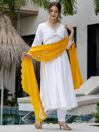 The52 White Women's Gorgeous Embroidered Chanderi Fabric Straight Kurta, Pant and Dupatta Set - Distacart